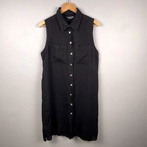 Pistache 100% Linen Shirt Dress Small Black Sleeveless Full Button Made in Italy